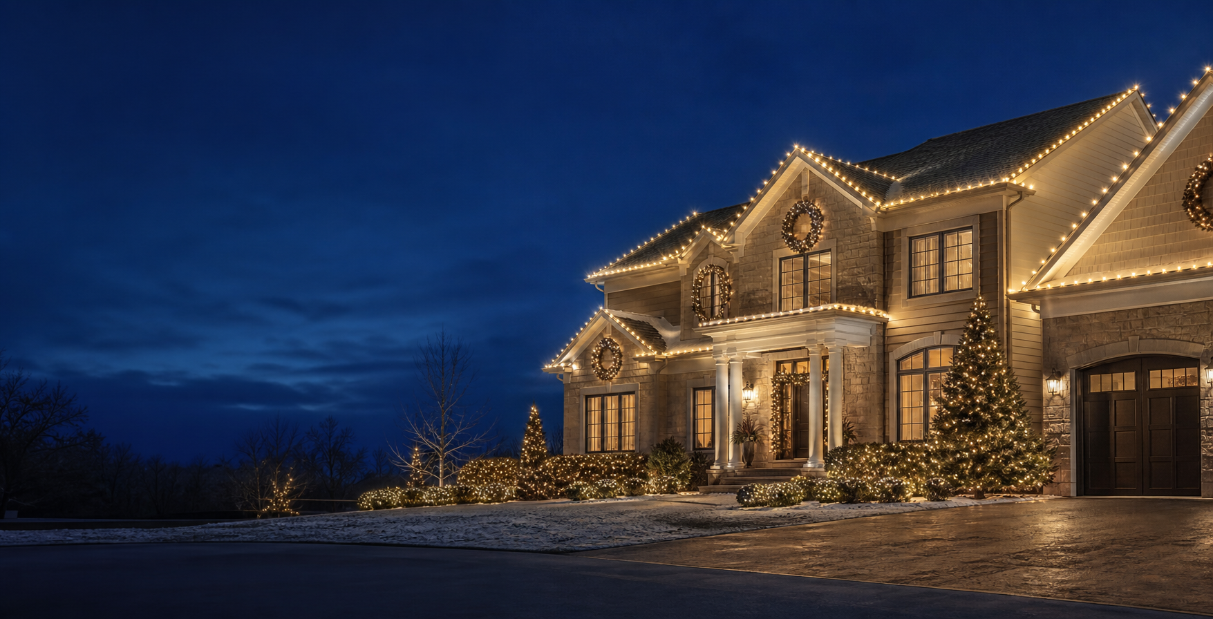 Luxury home illuminated for Christmas