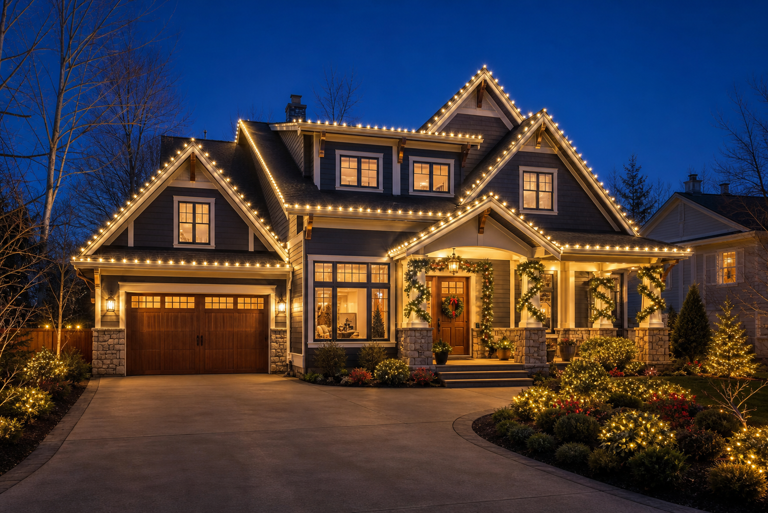 Craftsman home with warm white Christmas lighting
